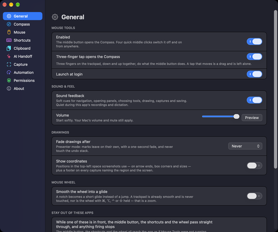 Settings after: each sidebar page carries its own colour